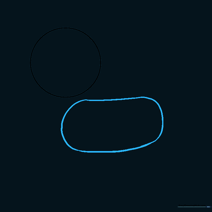 An irregular bean-shaped outline placed below the head circle to define the husky's body.