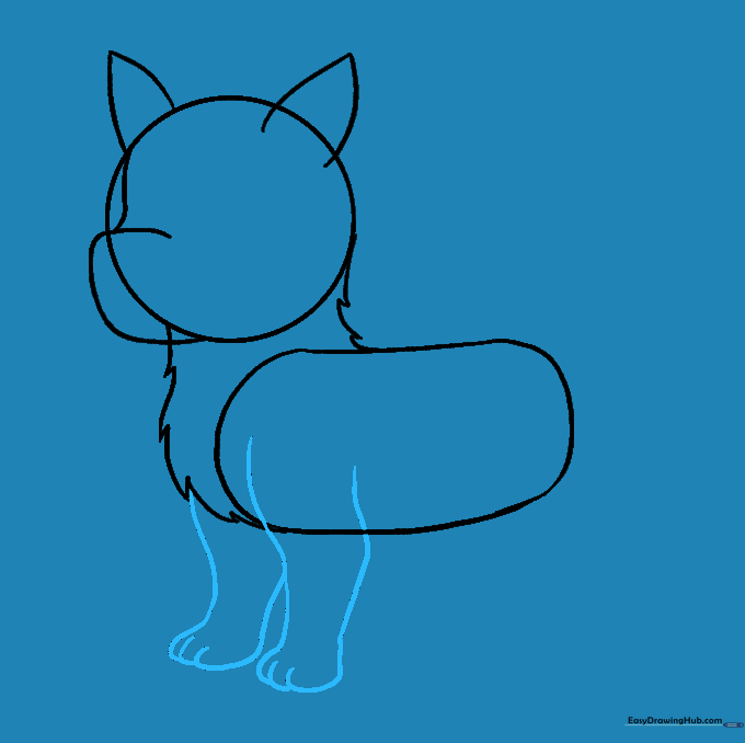 Two front legs drawn with curved lines and U-shaped toes at the bottom.
