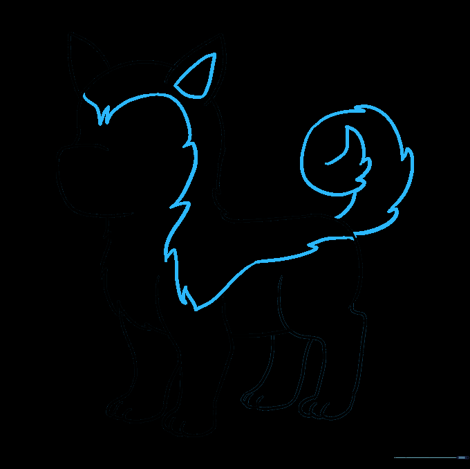Adding detail to the husky's coat, ear, and a bushy, curled tail.