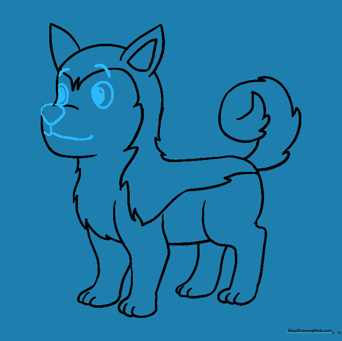 Detailed facial features including eyes, nose, and mouth added to the husky drawing.