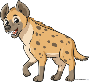 A friendly, cartoon-style hyena standing, fully colored and ready for a safari adventure.
