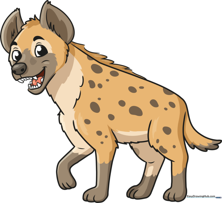 A friendly, cartoon-style hyena standing, fully colored and ready for a safari adventure.