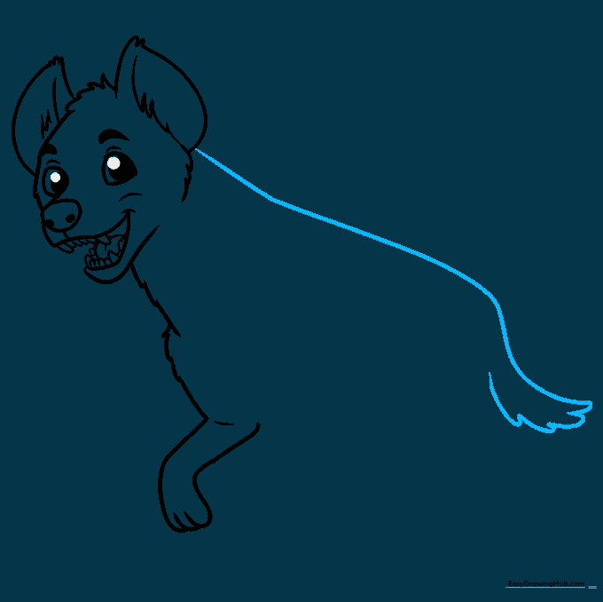Sketching the sloping back and bushy tail of the hyena.