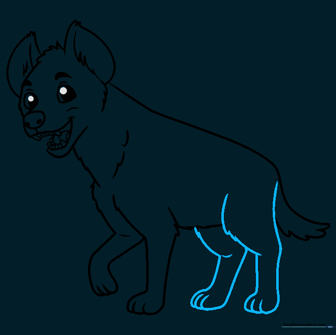 Adding the powerful rear legs and paws to the hyena body.