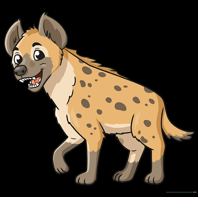 Final colored cartoon hyena with brown and cream fur and dark spots.
