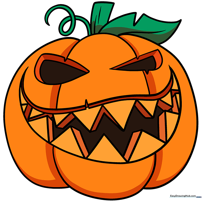 A finished, colored Jack-O'-Lantern drawing with orange skin and glowing yellow features.