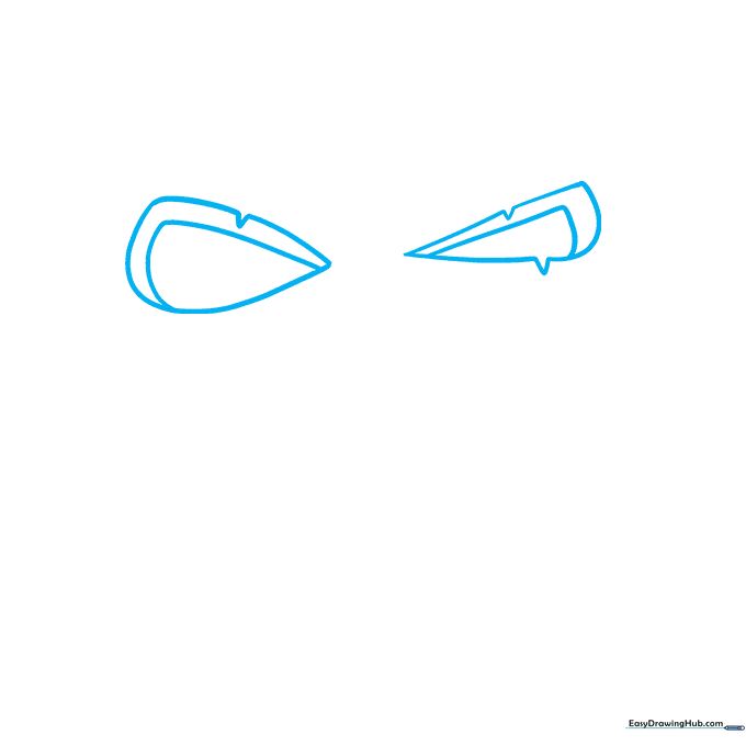 Two teardrop-shaped eyes with inner triangular details sketched on white paper.