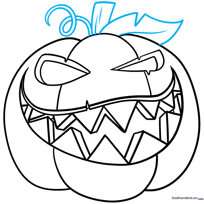 Adding the stem, a leaf, and a curly vine to the top of the pumpkin.