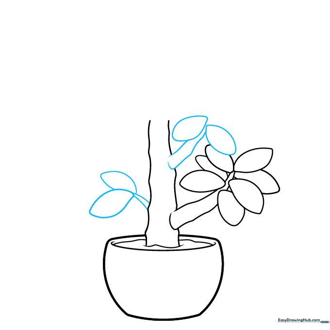 Sketching two new branches extending from the main trunk with leaves attached.