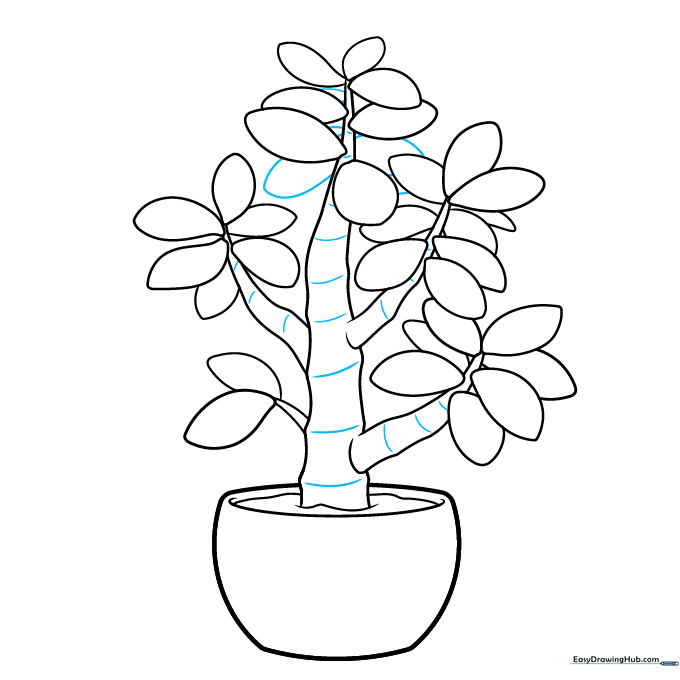 Adding final background leaves and texture lines to the trunk of the jade plant.