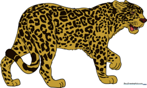 A vibrant, finished illustration of a jaguar standing in a jungle setting, showcasing detailed rosettes and realistic fur texture.