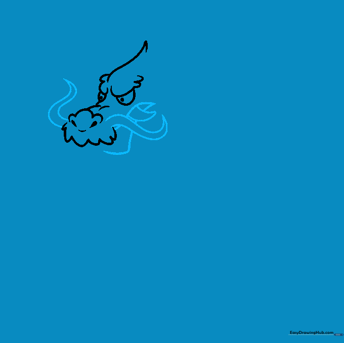 Drawing the dragon's long, flowing whiskers and open jaw structure.