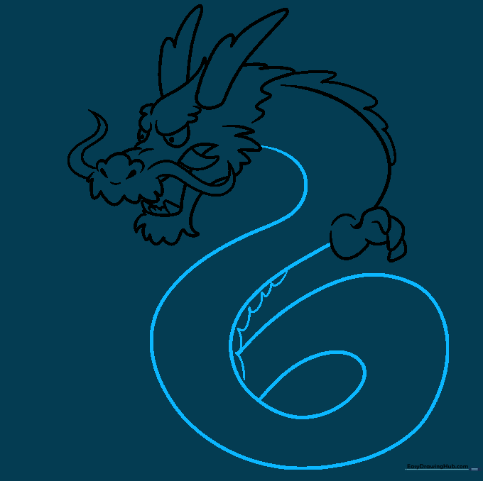 Drawing the long, winding body of the dragon with dorsal spikes.