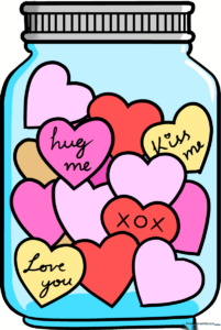 A colorful, finished illustration of a glass jar filled with hearts, perfect for Valentine's Day.