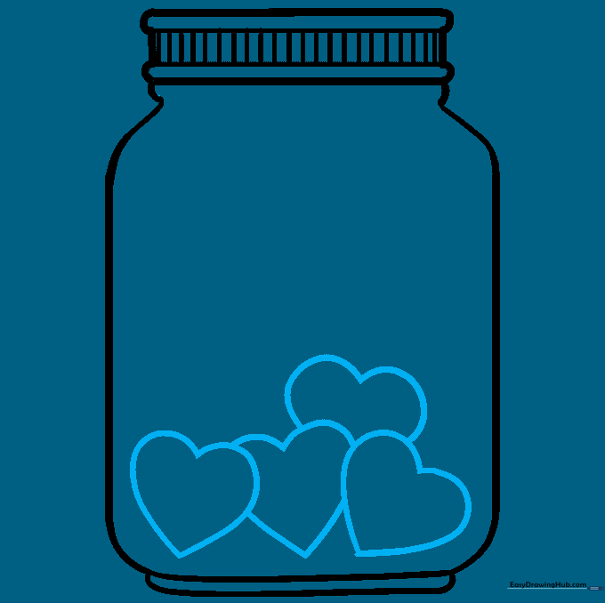 Several heart shapes drawn inside the jar outline, some overlapping.