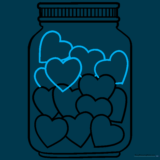 The jar is now completely filled with various sizes of heart shapes.