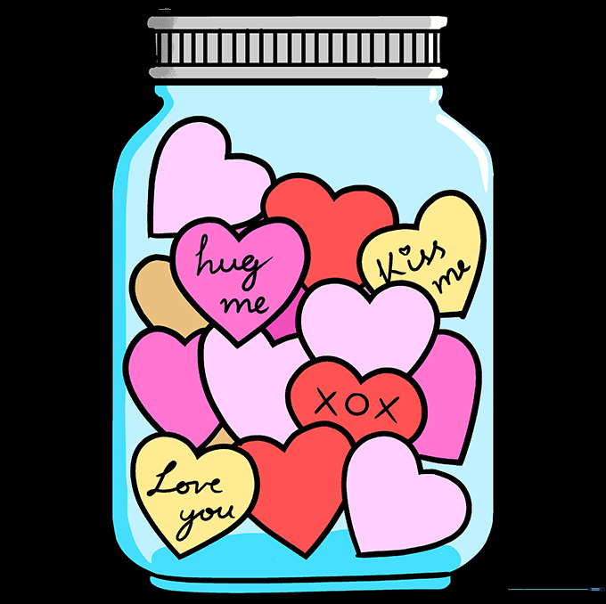 The finished Jar of Love drawing, fully colored with vibrant reds and pinks.