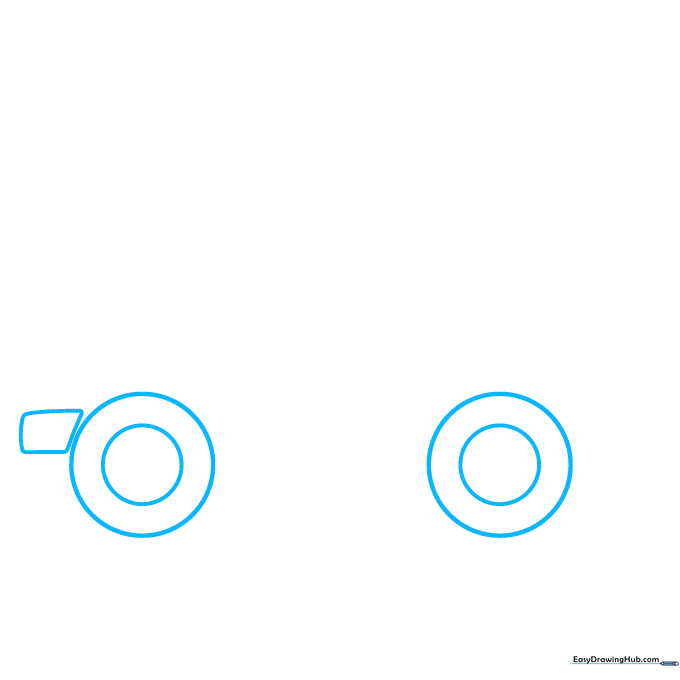 Pencil sketch showing two circular wheels and a rectangular front bumper for a Jeep drawing.