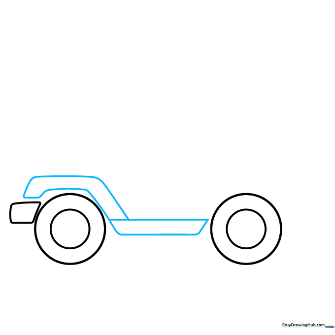 Drawing the central chassis trapezoid and the curved front fender over the wheel.