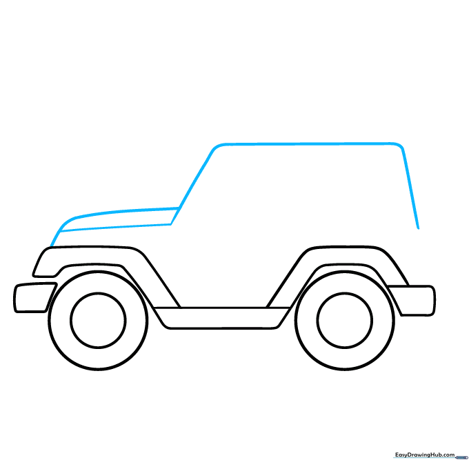 Outlining the main body, hood, and cabin area of the Jeep.