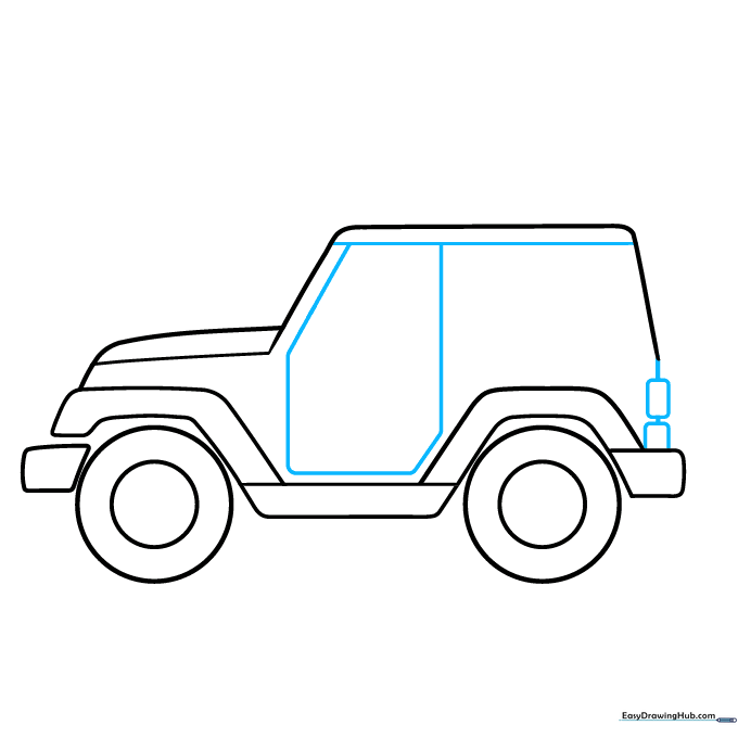 Adding the door panel and rear frame details to the Jeep body.