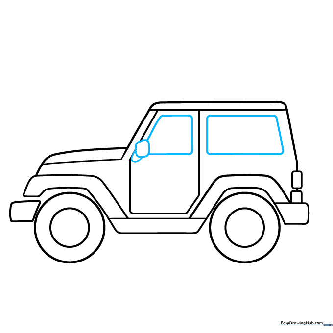 Drawing the window panes and the side-view mirror on the Jeep.