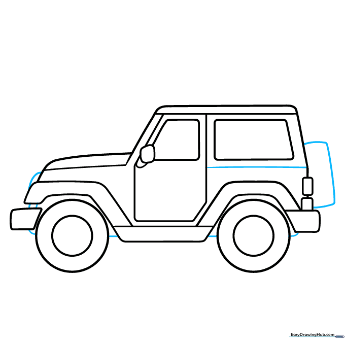 Adding the rear spare tire and front headlight details to the Jeep.