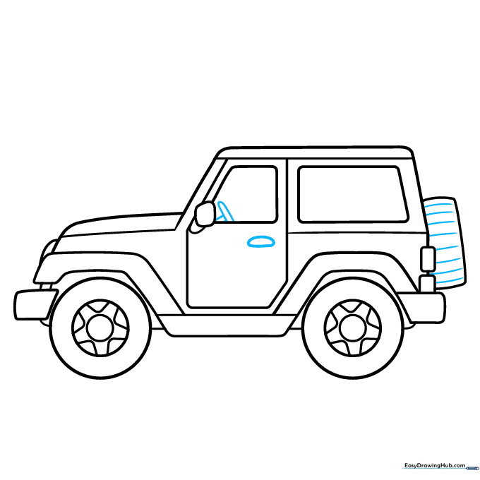 Finalizing the Jeep drawing with door handles, steering wheel, and tire texture.