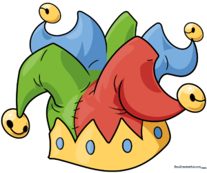 A colorful, finished jester hat drawing with jingle bells, presented as a completed art project.