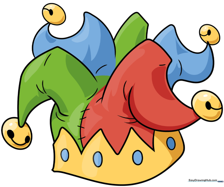 A colorful, finished jester hat drawing with jingle bells, presented as a completed art project.