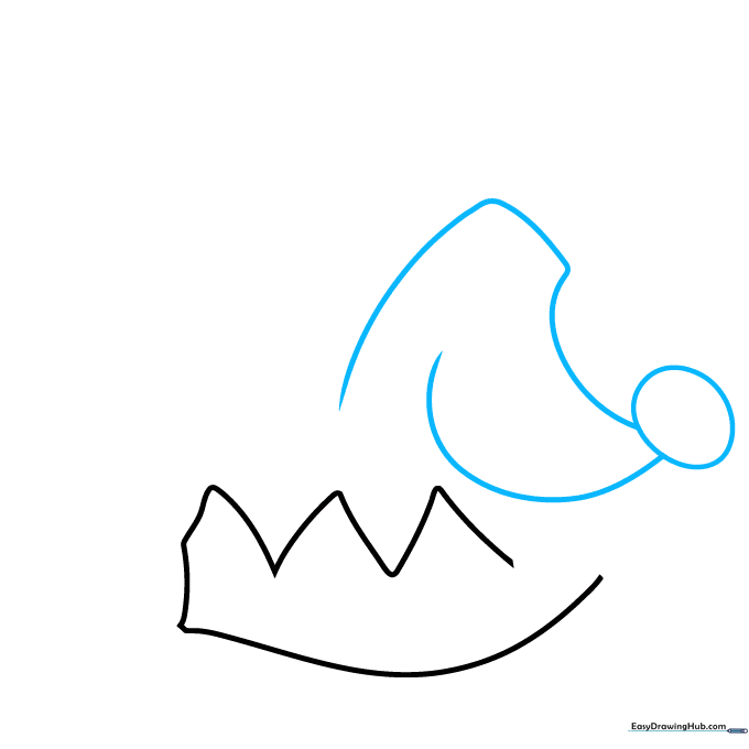 Drawing the first floppy triangular section of the jester hat with an oval tip.