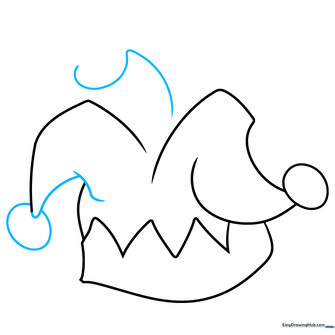 Sketching the third section of the jester hat with a curved line.