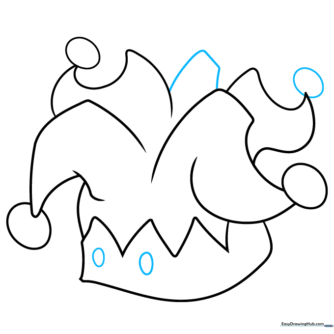 Completing the outline of the jester hat with five points and brim details.
