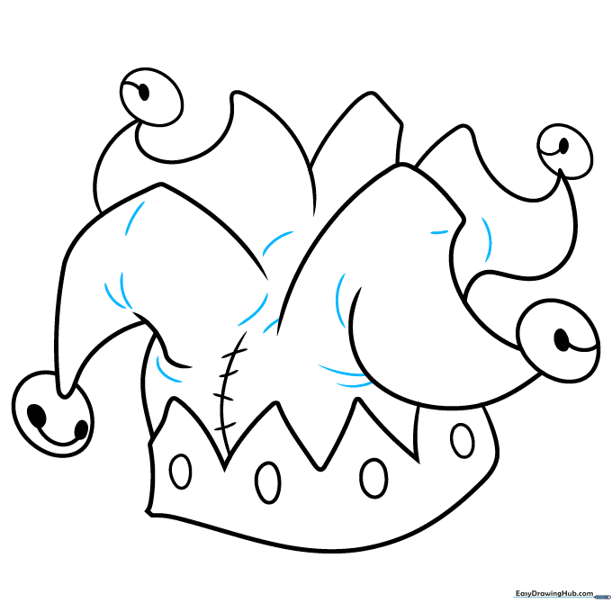 Refining the contours of the jester hat drawing.