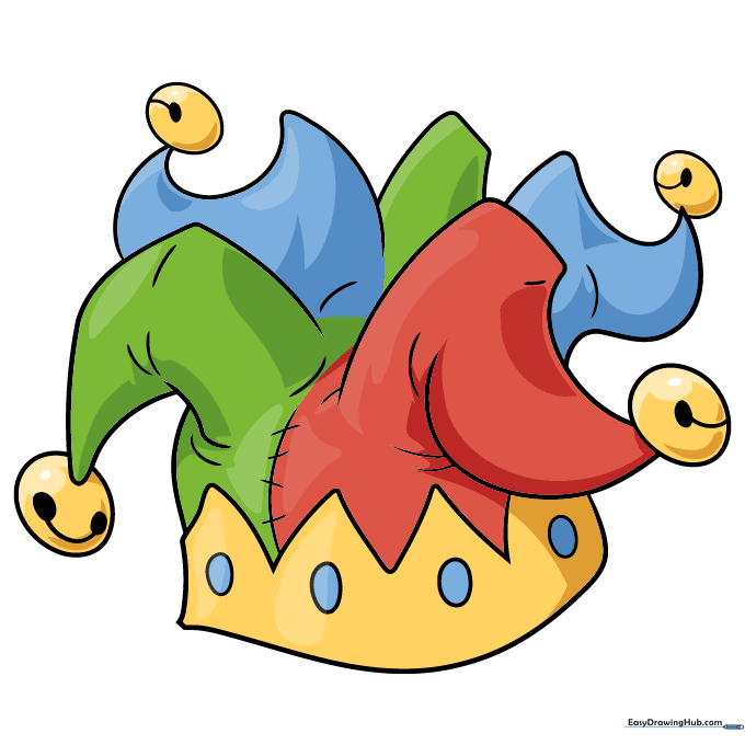 A fully colored, vibrant jester hat drawing.
