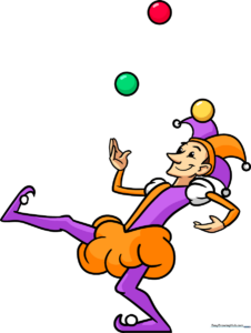 A colorful, finished illustration of a juggling jester