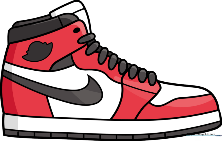 A vibrant, completed drawing of a high-top basketball sneaker, showcasing clean lines and bold colors.