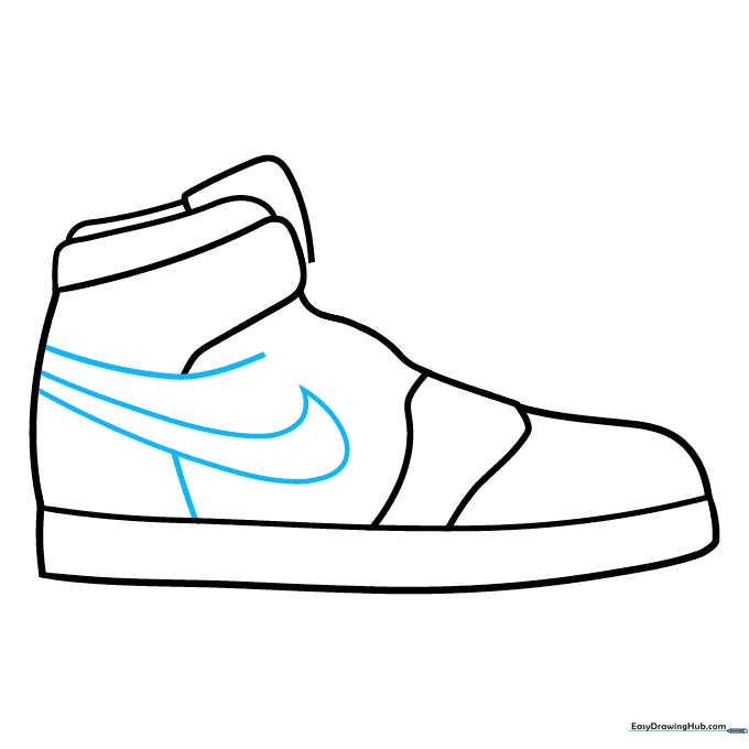 Sketching the iconic swoosh logo on the side of the shoe.