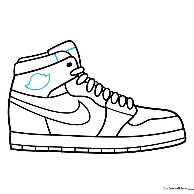 Adding the final logo and structural lines to complete the sneaker drawing.