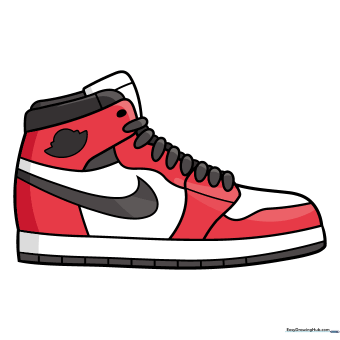A fully colored, completed high-top sneaker drawing with red, white, and black accents.
