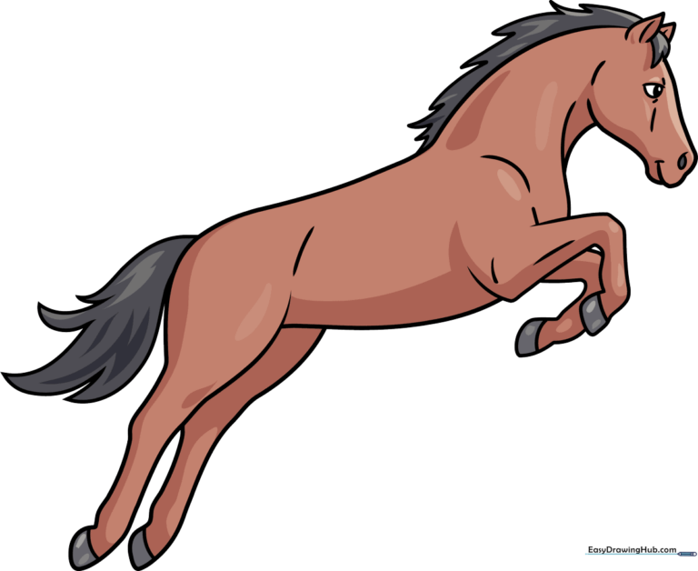 A vibrant, finished illustration of a horse jumping over an obstacle.
