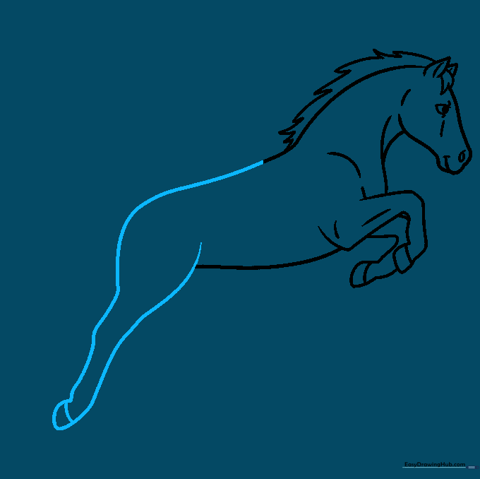 Drawing the extended rear leg of the jumping horse.