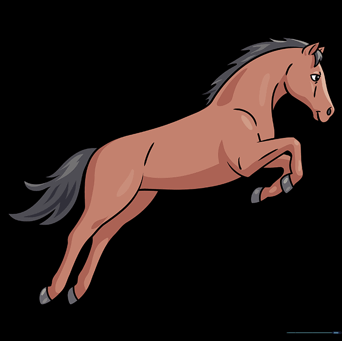 The finished, colored drawing of a jumping horse.