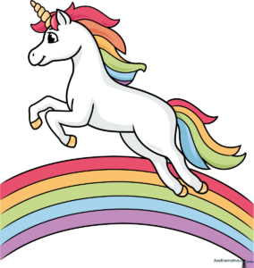 A colorful, finished drawing of a jumping unicorn with a rainbow, used as the featured tutorial image.
