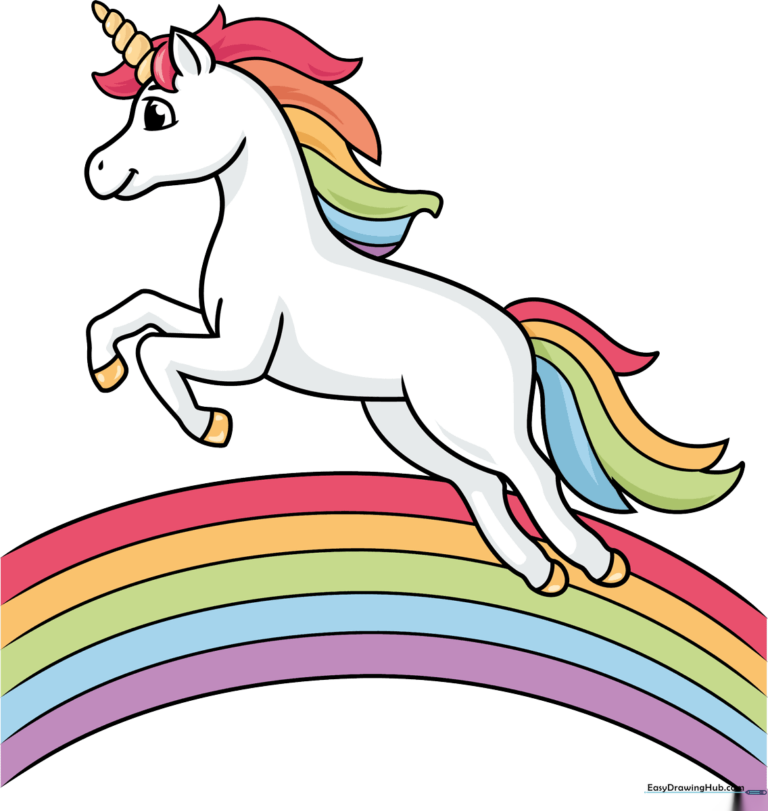 A colorful, finished drawing of a jumping unicorn with a rainbow, used as the featured tutorial image.