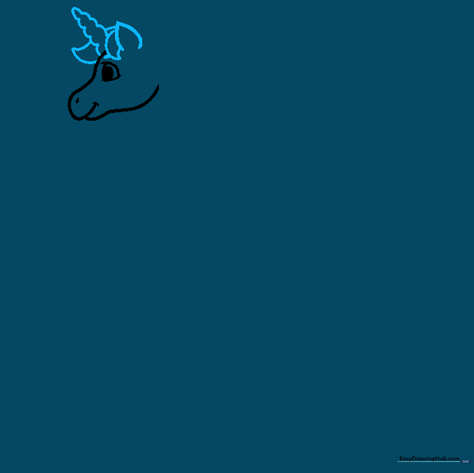 Unicorn head sketch with added ears and a spiraled horn detail.
