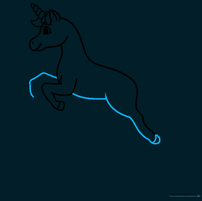 Unicorn outline with belly and rear leg added to suggest jumping motion.