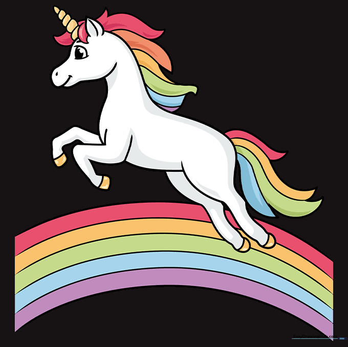 Finished, fully colored jumping unicorn drawing with a rainbow background.