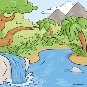 A vibrant, finished jungle landscape drawing featuring a waterfall, palm trees, and lush vegetation.