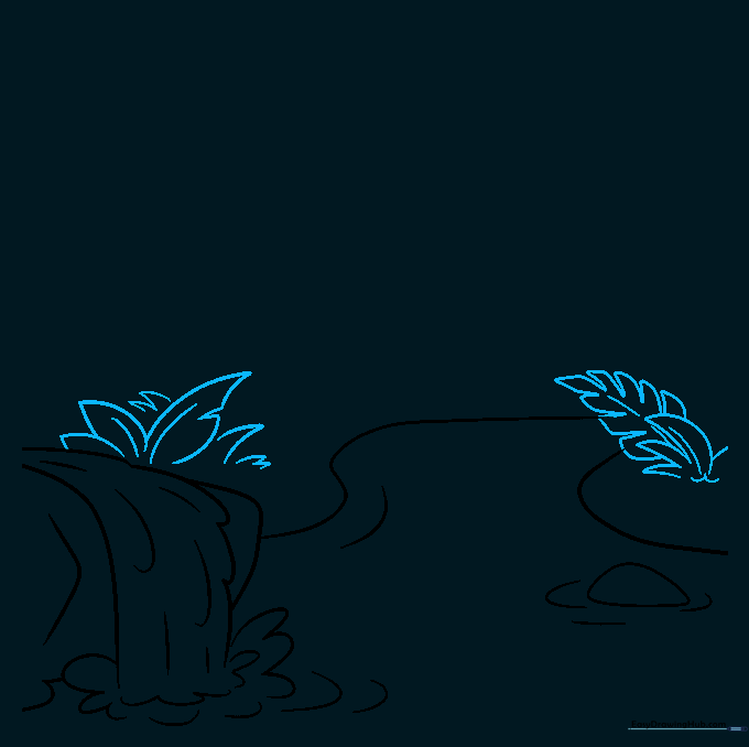 Various tropical leaf shapes drawn along the riverbank to add texture and detail.